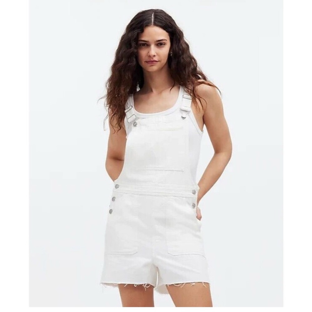Madewell White Denim Overalls with Distressed Hem